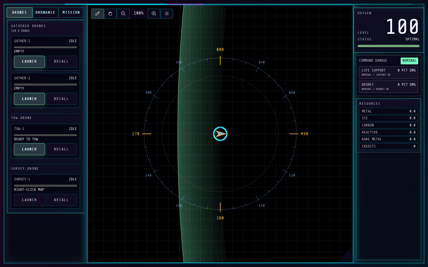 Command station showing tactical map, controls, and drone panels